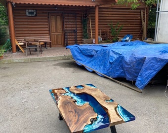 Handmade Epoxy Dining Table, Custom 50” x 30” Walnut Blue, Turquoise, Green Aquarium Epoxy Table, Epoxy Dining Table, Custom for Teaford