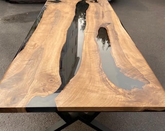 Walnut Dining Table, River Table, Custom 108" x 44" Walnut Smokey Gray Table, Epoxy River Table, Custom Order for Vickie