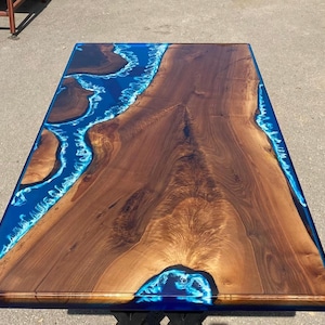 Walnut Dining Table, Custom 72” x 36” Walnut Shiny Ocean Blue, Turquoise White Waves Epoxy River Table, Custom Order for Angela C