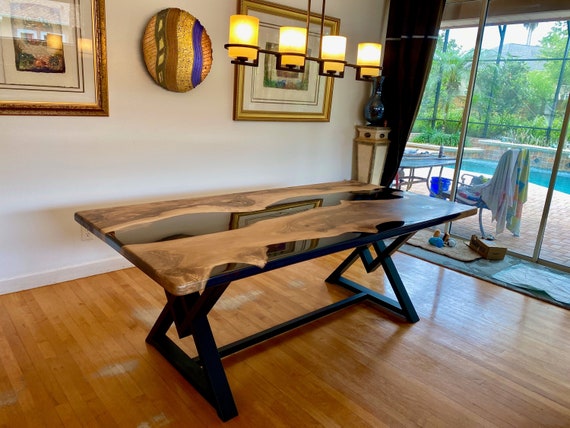 Epoxy Table, Epoxy Dining Table, Walnut Epoxy River Table, Custom 84 X 42  Walnut Black Epoxy River Table Order for Garrett 