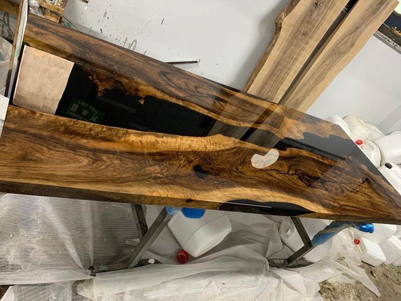 Black Olive Wood Epoxy Resin Dining Tree Table Live Edge Black Epoxy Tree
