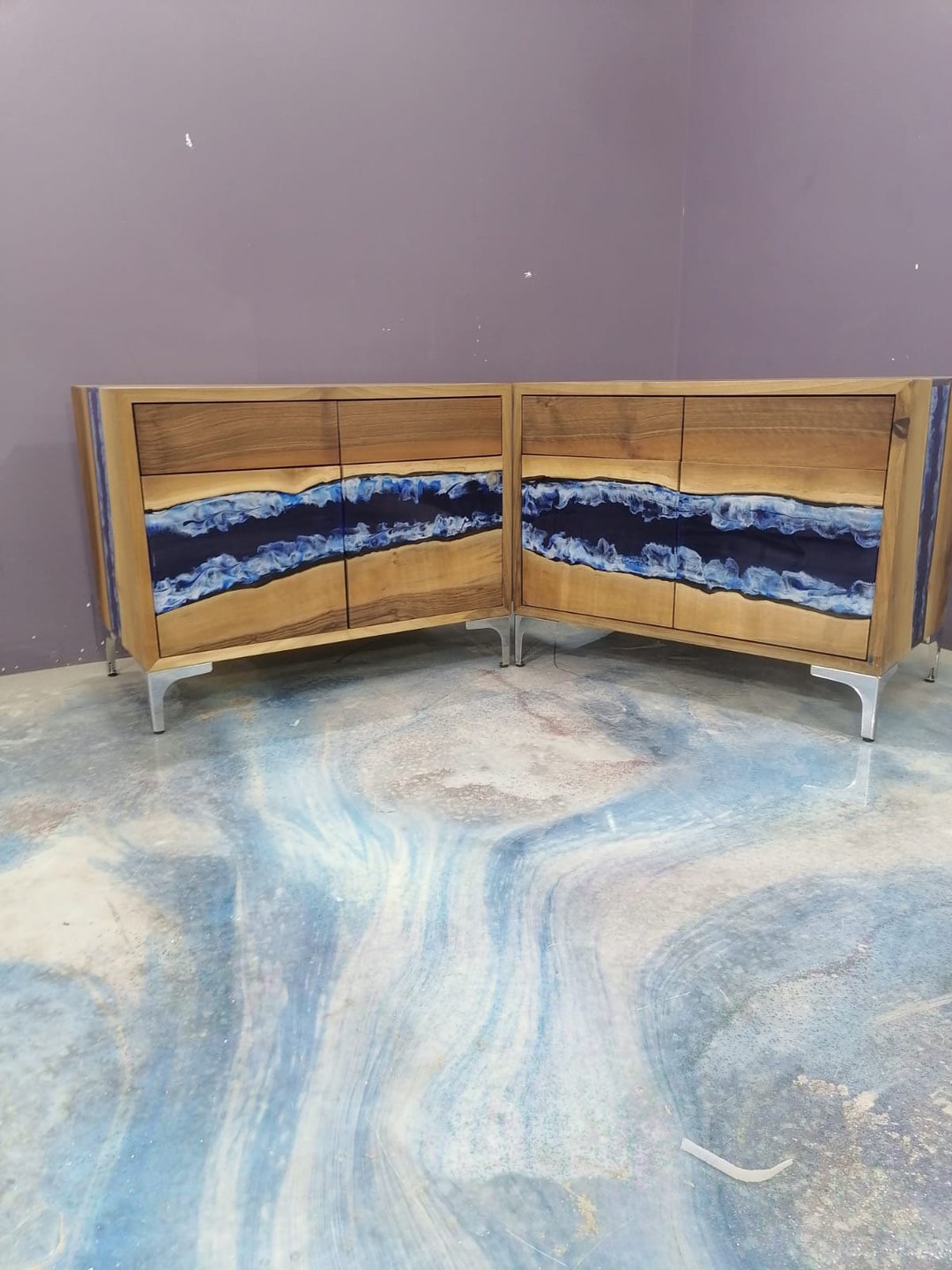Custom 32 X 24 X 18 Epoxy Nightstand , Walnut Blue Epoxy Resin