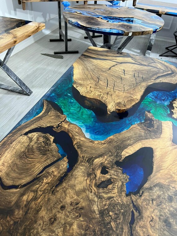 Live Edge Table, Custom 84” X 40” Walnut Blue, Turquoise