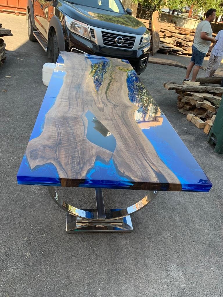 Live Edge Table, Custom 96” X 36” Walnut Deep Ocean Blue