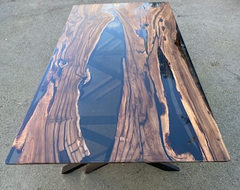 Epoxy Table, Epoxy Dining Table, Walnut Table, Custom 115” x 60” Walnut Smoke Gray Epoxy River Table Order for Matt H