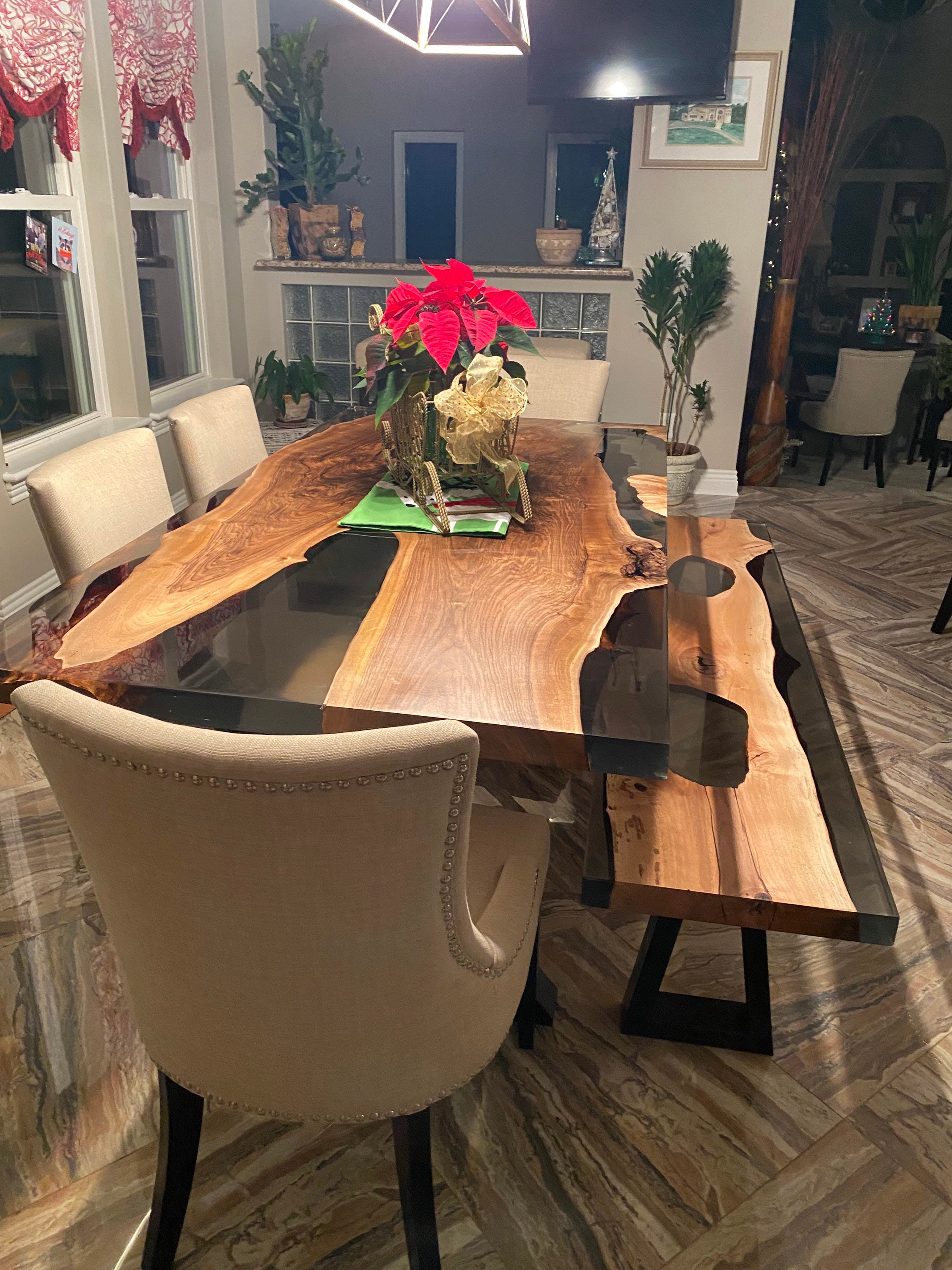 Walnut Dining Table, Epoxy Resin Table, Custom 72” x 72” Walnut Blue,  Turquoise, Green Table, Epoxy Dining Table, Custom for Tina B 1