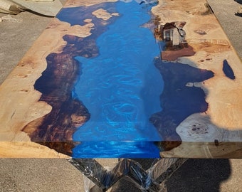 Handmade Dining Table, Epoxy Resin Table, Custom 60" x 30" Poplar Turquoise Blue Table, Epoxy River Table, Custom Order for Marie B