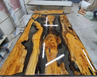 Olive Wood Epoxy Table, Olive Wood Shiny Epoxy Dining Table, Live Edge Epoxy Resin Table, Custom 90” x 44” Table, Order for Lindsay Tampa