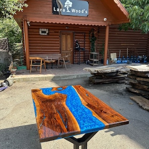 Handmade Epoxy Table, Custom 54” x 36” Walnut Shiny Metallic Blue Table, Blue Epoxy River Table, Epoxy River Dining Table, Order for Rex