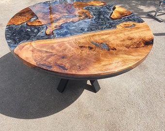 Epoxy Coffee Table, Custom Coffee Table, Custom 50” Diameter Round Table, Walnut Wood Shiny Metallic Gray Epoxy Table, Order for Karen M