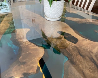 Walnut Dining Table, Custom 78” x 36” Walnut Blue, Turquoise, Green Table, Epoxy Dining Table, Live Edge Table, Custom for Christina B