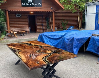 Gold Epoxy Table, Custom 96” x 48" Walnut Black Epoxy Shiny Table, Gold Leaf River Table, Gold Epoxy Dining Table, Custom Order for Cassie2