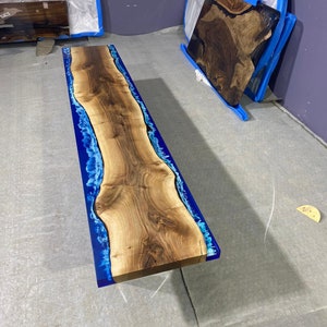 Handmade Epoxy Table, Epoxy Dining Table, Epoxy Resin Table, Custom 98” x 17” Walnut Ocean Blue, Epoxy River Bench Order for Christy