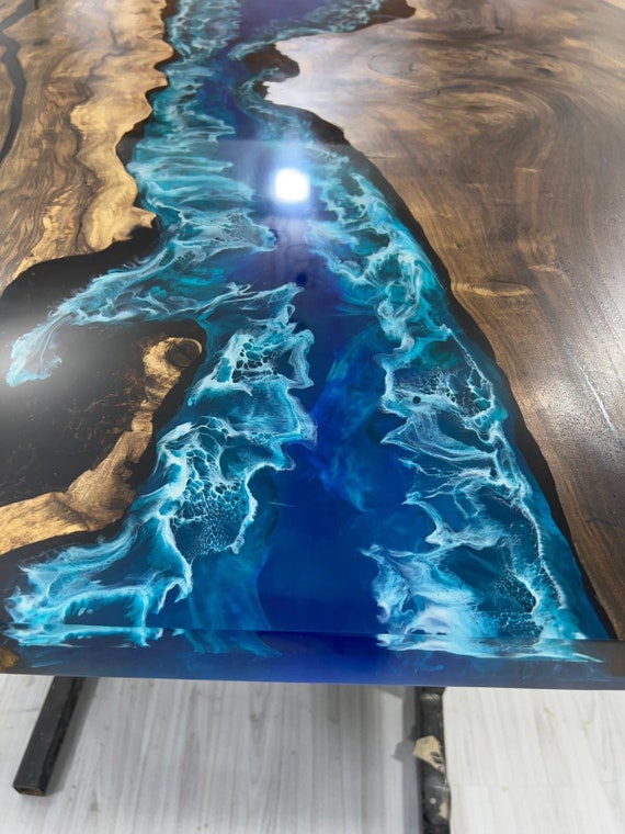 Custom Walnut Blue Epoxy Table Ocean Wave Dining Table KCT01