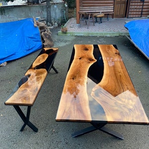 Walnut Dining Table, Custom 103” x 44” Unique Walnut Table, Black Epoxy River Table, River Shiny Dining Table, Custom Order for Sue