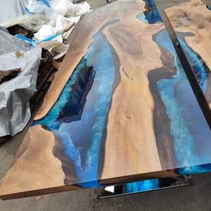 Epoxy Dining Table, Epoxy Resin Table, Custom 108” x 36” Walnut Blue Epoxy River Dining Table and Bench, Custom Order for Arun
