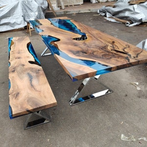 Handmade Epoxy Table, Custom 108” x 36” Walnut Blue Epoxy Table, Epoxy River Dining Table, Live Edge Table, Custom Order for Arun