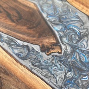 Walnut Dining Table, Live Edge Epoxy Resin Table, Custom 60” x 36” Walnut Blue Gray Table, Epoxy Dining Table, Custom for Shahedah