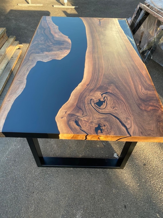 Epoxy Dining Table, Custom Black Epoxy Table, Epoxy Table With Bench,  Walnut Dining Table, Black Epoxy Table and Bench, River Epoxy Bench 