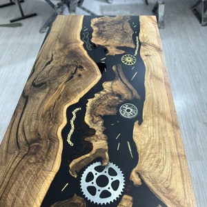 Walnut Dining Table, Walnut Epoxy Table, Custom 72&quot; x 36&quot; Black Epoxy Resin Table with Wheel Chains, Aquarium Custom Order for Kristyn Ander