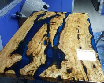 Olive Wood Dining Table, Epoxy Resin Table, Custom 65" x 40" Olive Wood Table, Shiny Epoxy Table, Live Edge Table, Custom Order for Sabrina