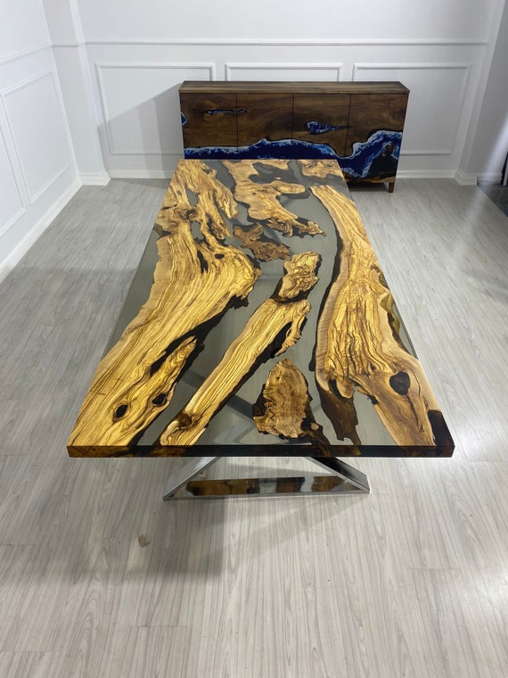 Olive Wood Epoxy Table, Olive Wood Table, Custom 96 X 40 Olive Smokey Gray  Table, Epoxy Table, Custom Order for Selina 