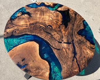 Round Dining Table, Custom 40” Round Walnut Blue Table, Turquoise, Green Epoxy Table, Epoxy Dining Table, Custom Order for Diana
