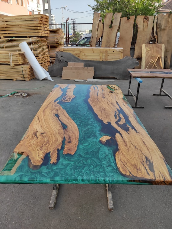 Walnut Dining Table, Epoxy Resin Table, Custom 72” x 72” Walnut Blue,  Turquoise, Green Table, Epoxy Dining Table, Custom for Tina B 1