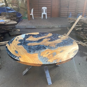 Olive Wood Epoxy Table, Custom 60” Diameter Round Olive Wood Table, Metallic Gray Epoxy Table, River Table, Custom Order for Leigh