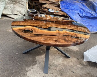Round Dining Table, Epoxy Table, Epoxy Dining Table, Custom 65” Diameter Round Table, Walnut Wood Table, Shiny Clear Epoxy Table Order Tampa
