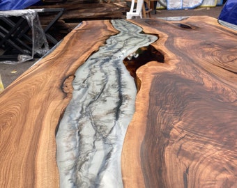 Epoxy Marble Table, Live Edge Table, Custom 96” x 42” Walnut Wood Gray Table, Marble Affect Epoxy Table, River Table, Custom for Sarah 2