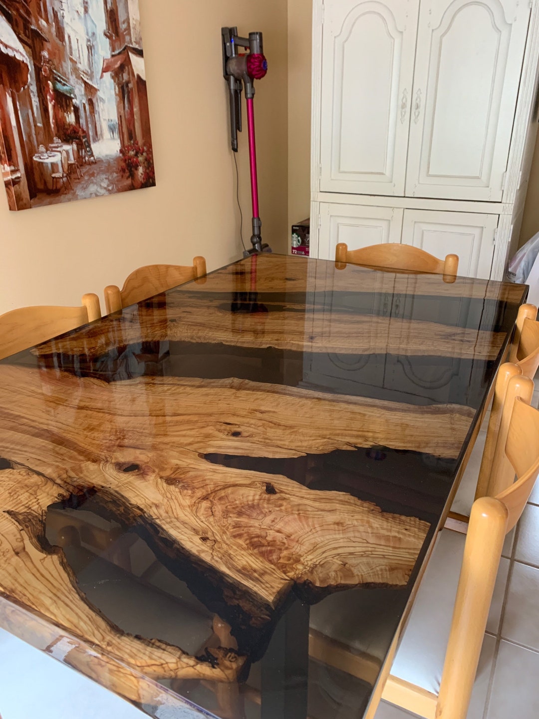 Olive Wood Epoxy Table, Epoxy Dining Table, Olive Wood Shiny Table