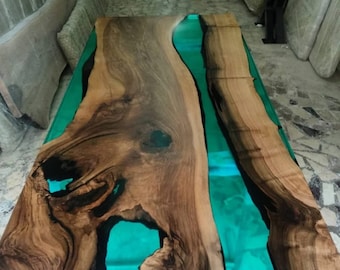 Epoxy Resin Table, Made to Order Custom Wood Turquoise Epoxy Table, Epoxy Walnut Dining Table, Ultra Clear Epoxy Table, Blue River Table