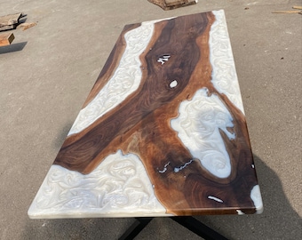 Walnut Dining Table, Custom 96”x 42” Walnut Metallic Pearl White Epoxy Table, River Table Order for Brian L