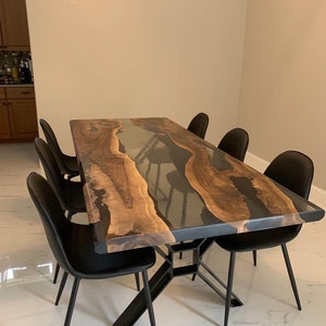 Live Edge Table, Epoxy Table, Epoxy Dining Table, Custom 84” x 36” Walnut Smokey Gray Table, Epoxy River Dining Table, Order for Sharon