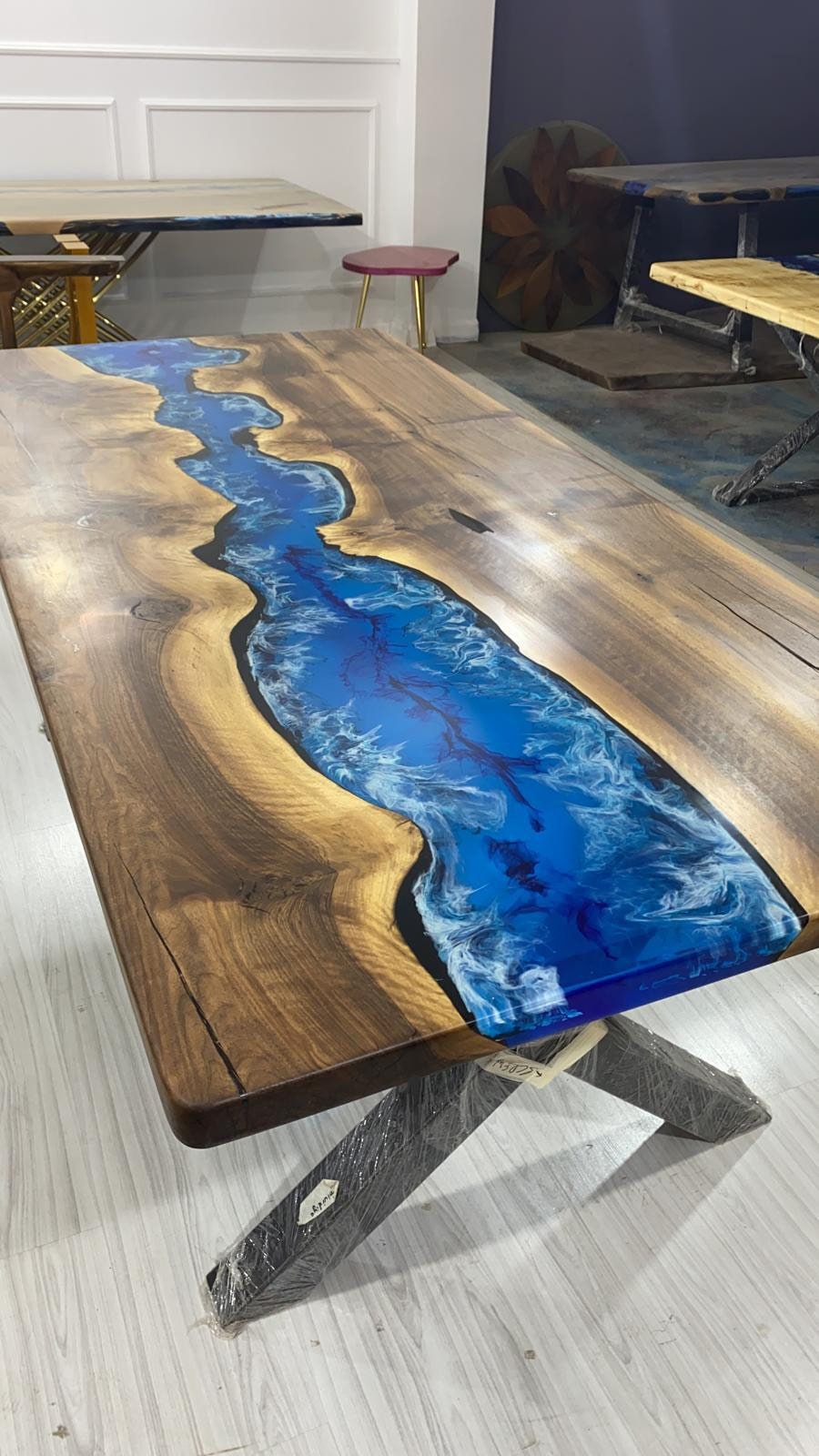 Custom Walnut Blue Epoxy Table Ocean Wave Dining Table KCT01