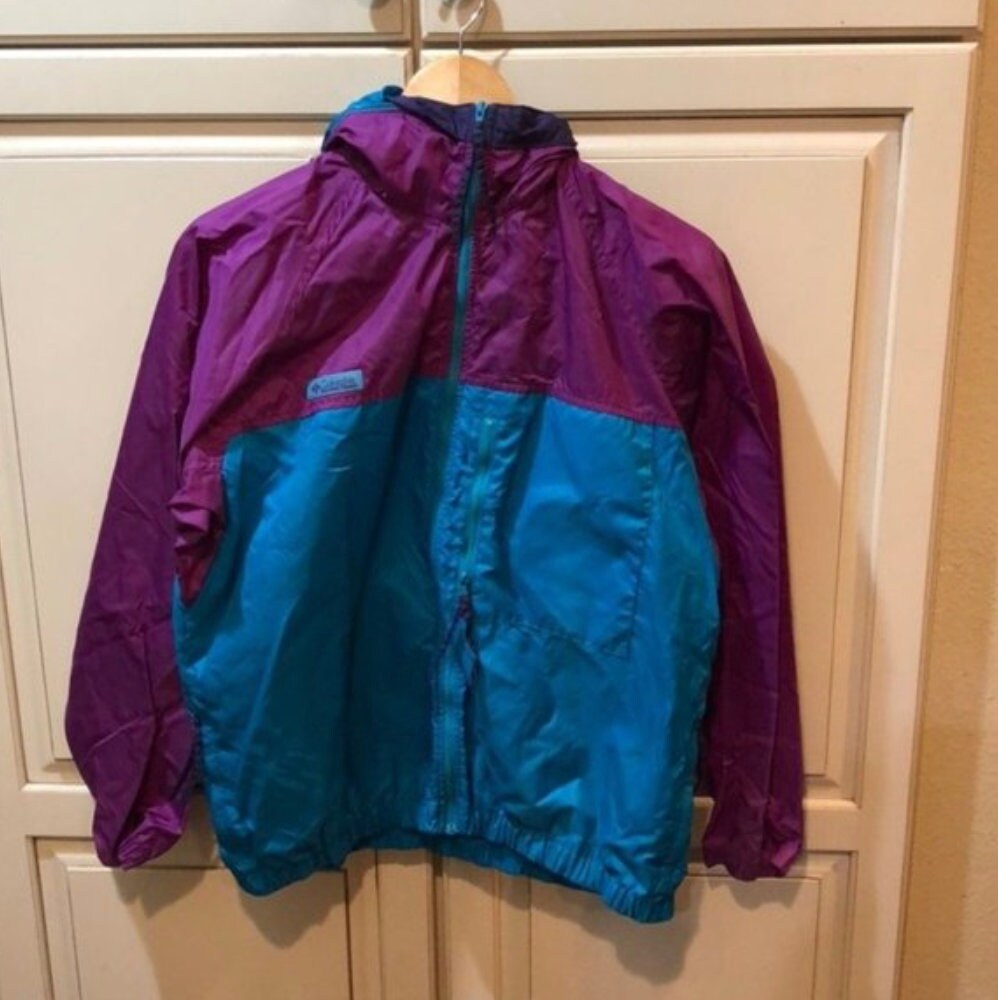 Vintage Columbia Raincoat Windbreaker Jacket Purple \u0026 Green Colorblock Women's Xs