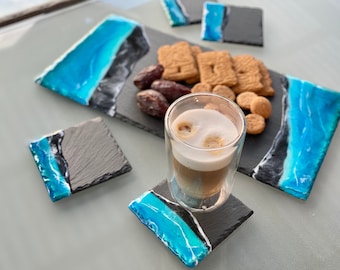 Beach slate coasters and resin ocean slate cheese board. Blue resin costers set. Appetizer tray
