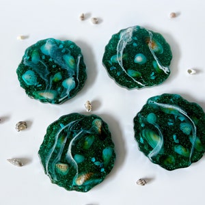 Juego de posavasos Sea Ocean, posavasos de conchas, posavasos de resina, regalo de Navidad, regalo de inauguración de la casa