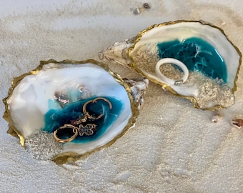 Oceaan schelp ring schotel, hars sieraden schotel strand bruiloft oesterschelp ring schotel, oceaan verlovingsring houder.