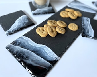 Resin Slate charcuterie board Christmas gift Slate serving tray housewarming gift Slate coaster set epoxy cutting board