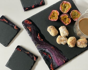 Beach slate coasters and resin ocean slate cheese board. Deep pink gray resin costers set. Appetizer tray
