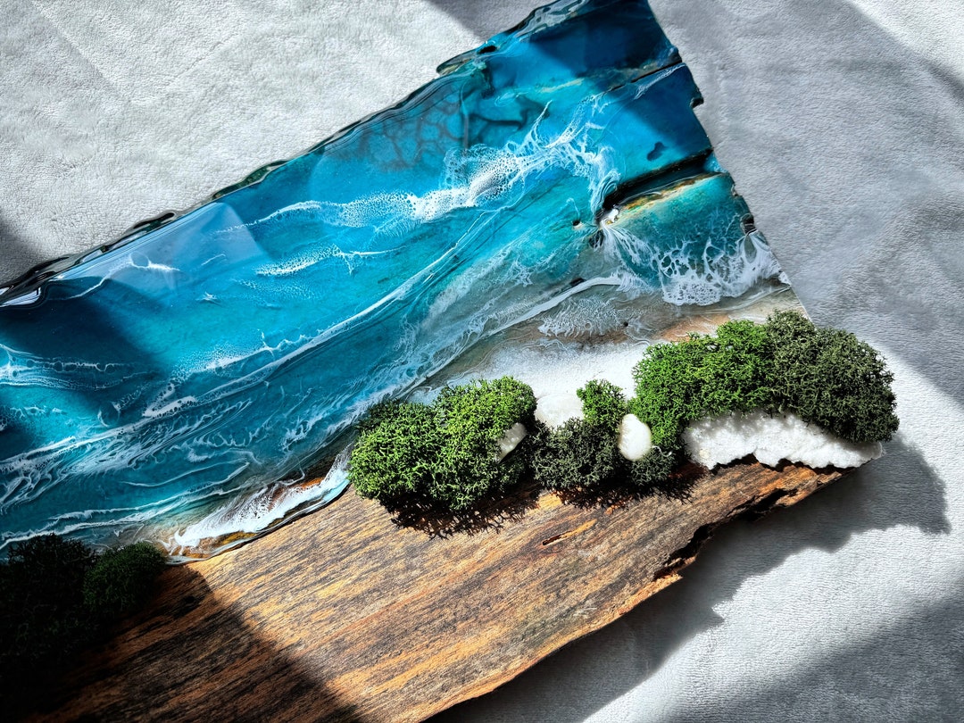 Black Ocean Resin Wood Art. Moss Wall Art for Beach House Resin Artwork ...