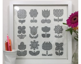 Mönster med folkblommor i svartmönster, PDF-broderidiagram med svartmönster, blommönster, PDF-broderimönster, Blackwork PDF, av The Steady Thread