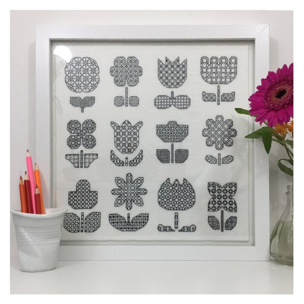 Folk flowers Blackwork pattern, PDF Blackwork Embroidery Chart, Floral Sampler, PDF Embroidery Pattern, Blackwork PDF, by The Steady Thread