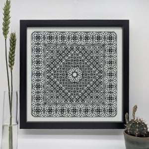 May include: Black and white geometric pattern framed in a black frame. The pattern is made up of circles, squares, and other shapes.