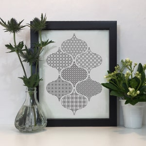 Puede incluir: Impresión geométrica en blanco y negro en un marco negro. La impresión presenta un patrón de formas y líneas repetitivas. La impresión está colgada en una pared blanca.