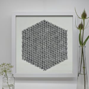 Puede incluir: Una obra de arte en punto de cruz enmarcada con un diseño geométrico. La obra de arte tiene forma de hexágono y está llena de un patrón repetitivo de pequeños motivos florales y geométricos negros. El marco es blanco y el fondo es de tela clara.