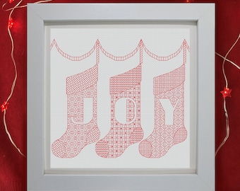 Time to hang the stockings! Christmas blackwork. PDF Blackwork.  Blackwork embroidery chart by The Steady Thread
