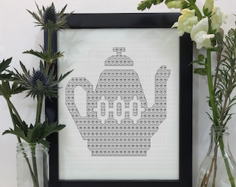 Koffiepot Blackwork patroon, PDF Blackwork borduurkaart, PDF borduurpatroon, Blackwork patroon, door The Steady Thread